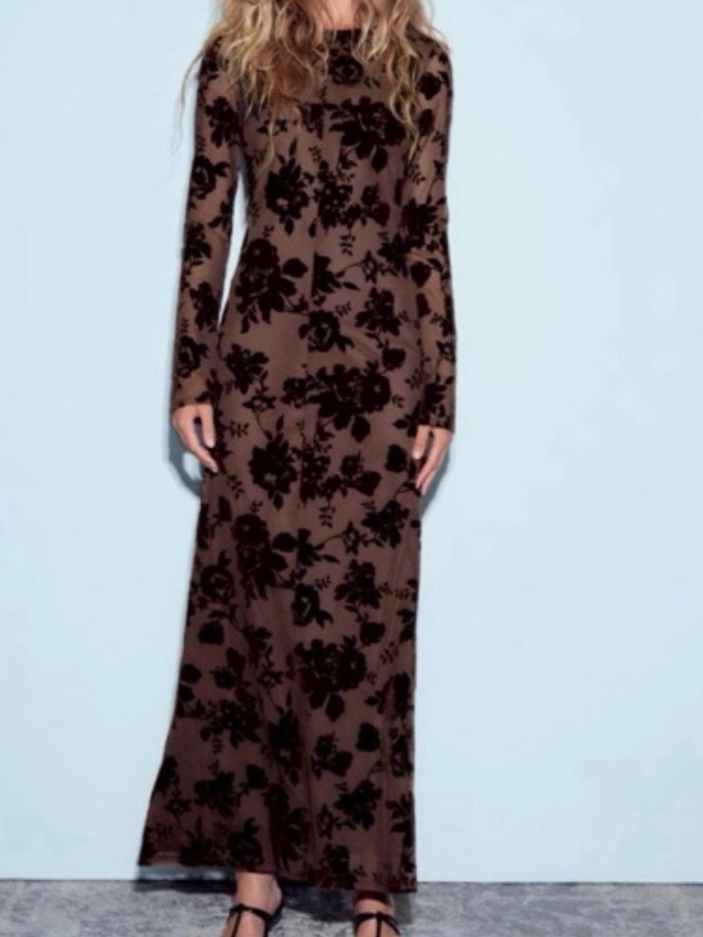 Zara brown floral long sleeve open back maxi dress